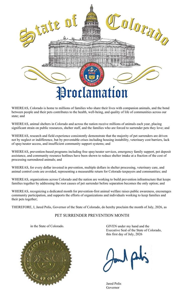 Pet Surrender Prevention Month Colorado Proclamation July 2026